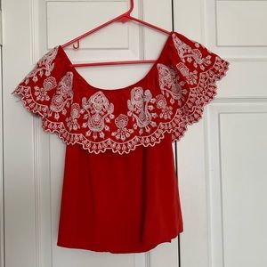 Francesca’s Red Off the Shoulder Top- White Detail